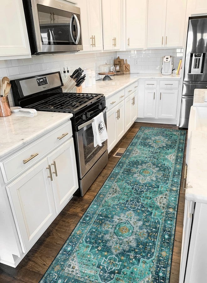 Moynesa Ultra-Thin Washable Runner Rug - 2'6" x 10' Teal Runners for Hallways Stair Carpet Runner, Oriental Non Skid Non Shedding Low Pile Kitchen Mat for Bedroom Mudroom Hardwood Floor - Image 1